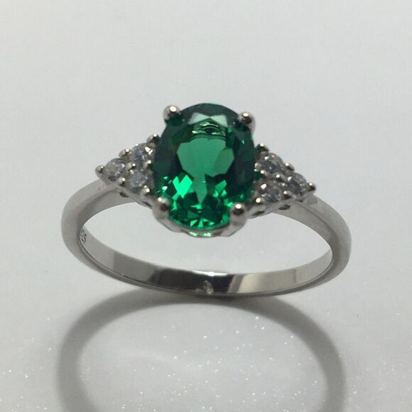 Sterling Silver Ring 925 Cubic Zirconia Size 7 Emerald Green & Clear CZ - Picture 7 of 13